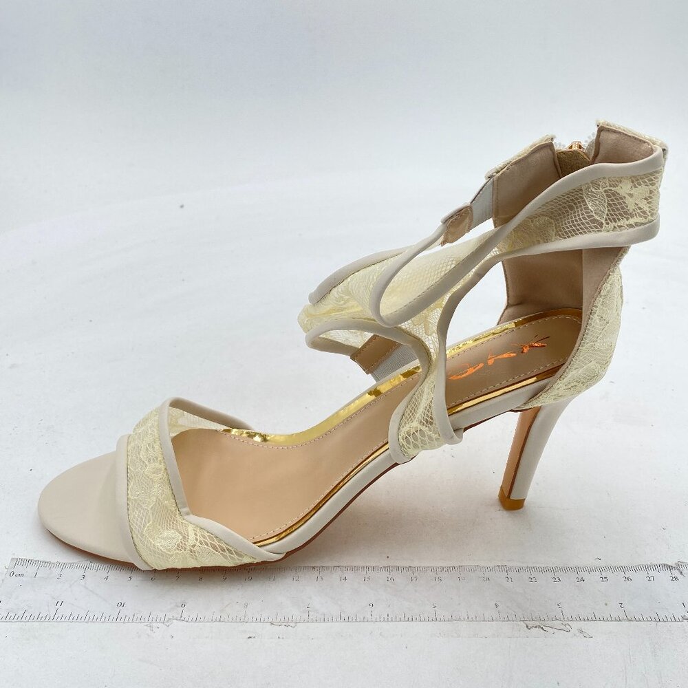 XYD White Lace Open Toe Sandals Ankle Wrap Back Zipper High Heels Cutout Shoes